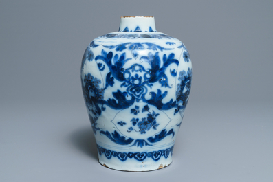 A Dutch Delft blue and white chinoiserie vase, last quarter 17th C.