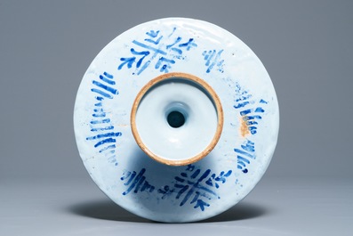 A blue and white French faience tazza with a galant scene, Nevers, late 17th C.