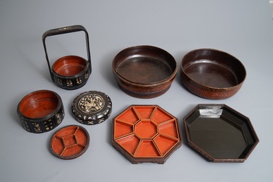 Two Chinese lacquered marriage boxes and a condiment set in box, 19/20th C.