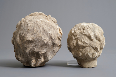 Two carved stone cherub's heads, poss. France, 17th C.