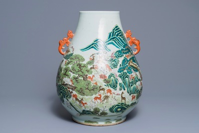 A Chinese famille rose 'hundred deer' hu vase, Qianlong mark, 19/20th C.