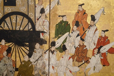 A Japanese two-fold painted byobu screen with travellers in a landscape, Edo, 17/18th C.