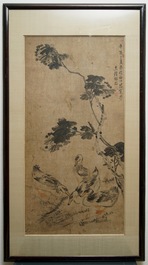 Yang Han (1812-1879): Quatre oies et branches d'hibiscus, encre et couleur sur papier