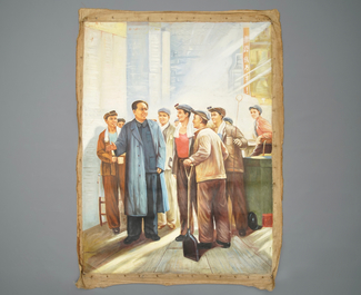 Chinese school uit de Culturele Revolutie: Mao in gesprek met arbeiders, olie op doek, 3e kwart 20e eeuw