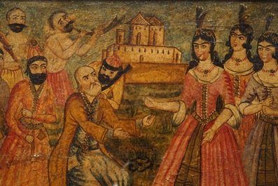 Ecole qajar: Triptyque d'une parade d'un prince, huile sur panneau, Iran, 19&egrave;me