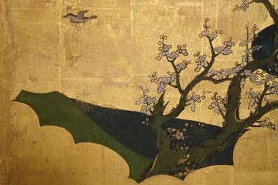 A Japanese two-fold painted byobu screen with travellers in a landscape, Edo, 17/18th C.