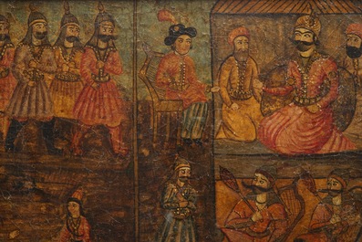 Qajar school: A triptych of a princely parade, oil on panel, Iran, 19th C.