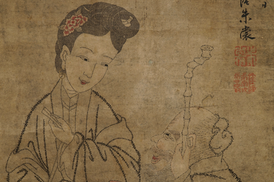 Chu (Zhu) Shang: Mei Shou Tu (Beauty, longevity and painting), ink and colour on paper, dated 1773