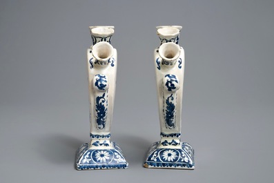 A pair of Dutch Delft blue and white heart-shaped tulip vases, 19th C.