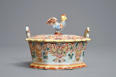 A polychrome petit feu and gilded Dutch Delft rooster-topped butter tub, 1st half 18th C.