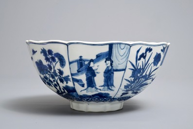 A Chinese blue and white bowl with figurative and floral panels, Chenghua mark, Kangxi