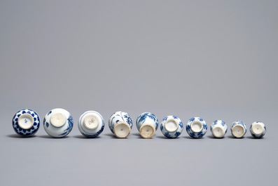 Ten Chinese blue and white miniature vases, Kangxi