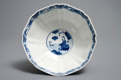 A Chinese blue and white bowl with figurative and floral panels, Chenghua mark, Kangxi