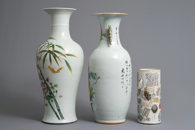 Two Chinese famille rose vases and a qianjiang cai hat stand, 19/20th C.