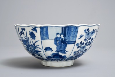 A Chinese blue and white bowl with figurative and floral panels, Chenghua mark, Kangxi