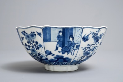 A Chinese blue and white bowl with figurative and floral panels, Chenghua mark, Kangxi