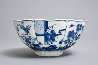 A Chinese blue and white bowl with figurative and floral panels, Chenghua mark, Kangxi