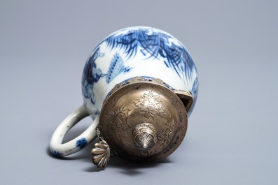 A Chinese blue and white silver-mounted jug after Cornelis Pronk: 'Dames au Parasol', Qianlong