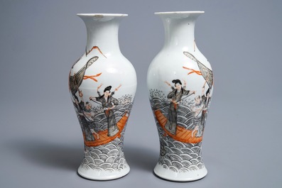 A pair of Chinese iron red, grisaille and gilt vases, Hongxian mark, 20th C.