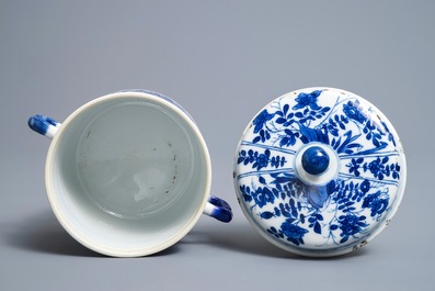 A Chinese blue and white two-handled bowl and cover, Kangxi