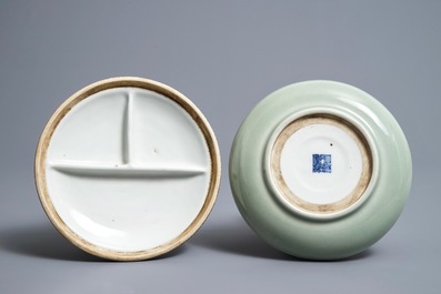 Een ronde Chinese celadon dekselkom met compartimenten, Qianlong merk, 19e eeuw