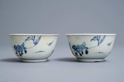 A pair of Chinese blue and white cups and saucers, Ca Mau wreck, Yongzheng