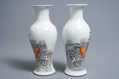 A pair of Chinese iron red, grisaille and gilt vases, Hongxian mark, 20th C.