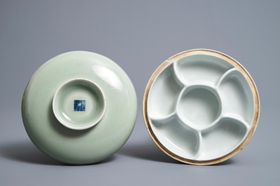 Een ronde Chinese celadon dekselkom met compartimenten, Qianlong merk, 19e eeuw