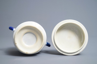 A Chinese blue and white two-handled bowl and cover, Kangxi