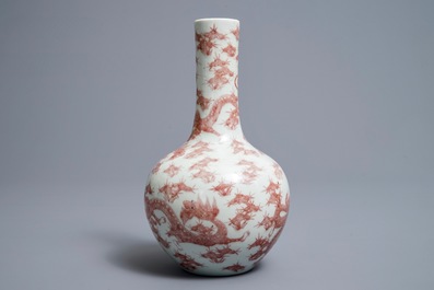 A Chinese underglaze red bottle-shaped 'dragon' vase, 19/20th C.