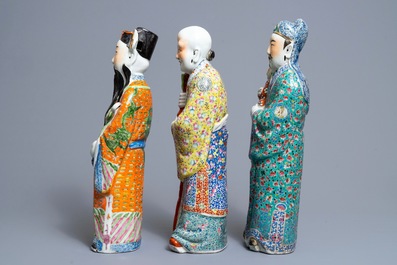 Three Chinese famille rose figures of the three star gods, 19/20th C.