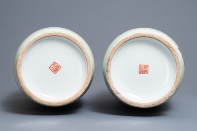 A pair of fine Chinese famille rose rouleau vases, Qianlong mark, Republic, 20th C.