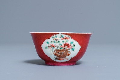 A fine Chinese famille rose 'ruby back' cup and saucer, Yongzheng