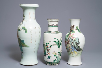 Three Chinese famille rose and verte vases, one with Qianlong mark, 19/20th C.