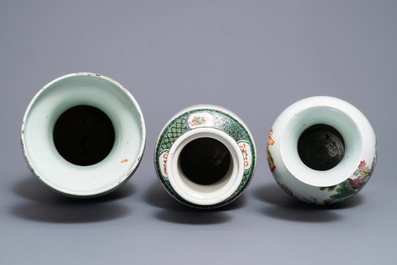 Three Chinese famille rose and verte vases, one with Qianlong mark, 19/20th C.