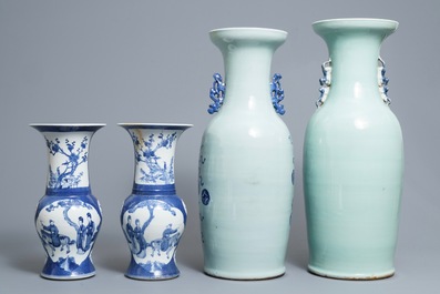 A pair of Chinese powder blue ground yenyen vases and two celadon vases, 19th C.