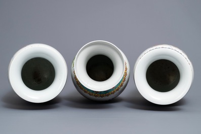 Three Chinese famille rose vases, Qianlong mark, Republic, 20th C.