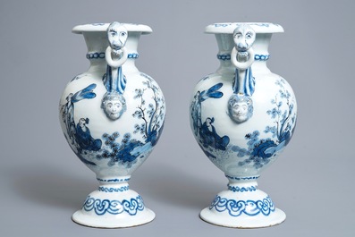 A pair of Dutch Delft blue and white chinoiserie alter vases, late 17th C.