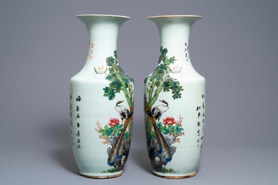 A pair of Chinese famille rose vases with birds among flowers, 19/20th C.