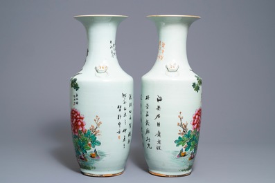 A pair of Chinese famille rose vases with birds among flowers, 19/20th C.