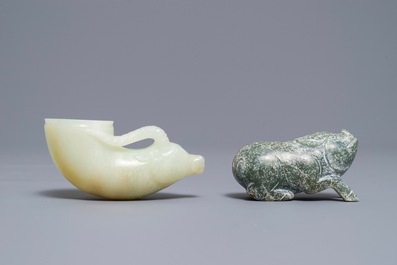 A Chinese jade deer rhyton cup and a spinach green jade pig, Han or later