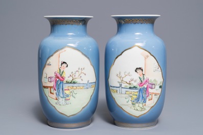 A pair of Chinese famille rose lavender blue ground vases, Qianlong mark, Republic, 20th C.