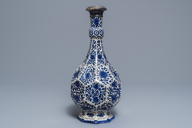 A Safavid style silver-mounted blue and white vase, Samson, Paris, 19th C.