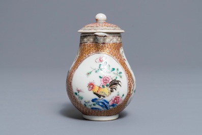 A pair of Chinese famille rose saucers and a milk jug with roosters, Yongzheng