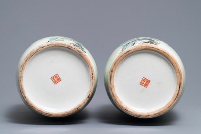 A pair of fine Chinese famille rose rouleau vases, Qianlong mark, Republic, 20th C.