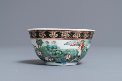 A fine Chinese famille rose 'apple pickers' cup and saucer, Yongzheng