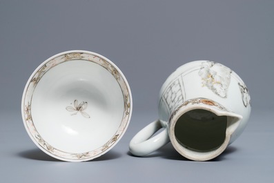 A Chinese grisaille and gilt cup and saucer with milk jug, Yongzheng