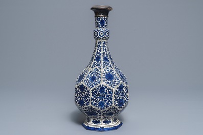 A Safavid style silver-mounted blue and white vase, Samson, Paris, 19th C.