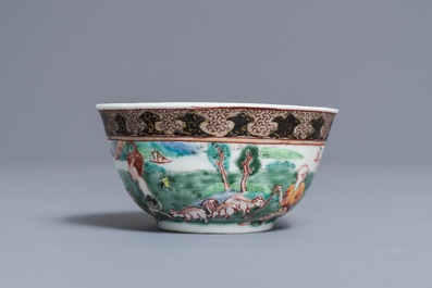 A fine Chinese famille rose 'apple pickers' cup and saucer, Yongzheng