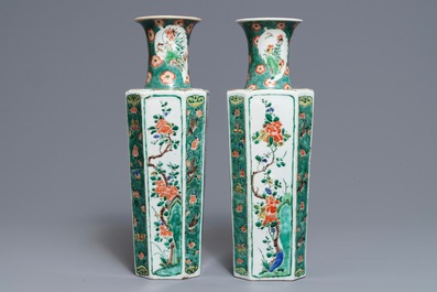 A pair of Chinese octagonal famille verte vases with birds and flowers, Kangxi